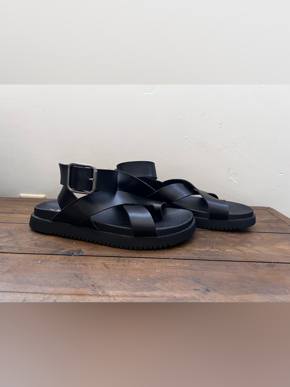 Black Women's Leather Cross-Strap Sandals